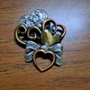 Vtg Signed K&T Goldtone Coppertone Silvertone hearts and bow pin